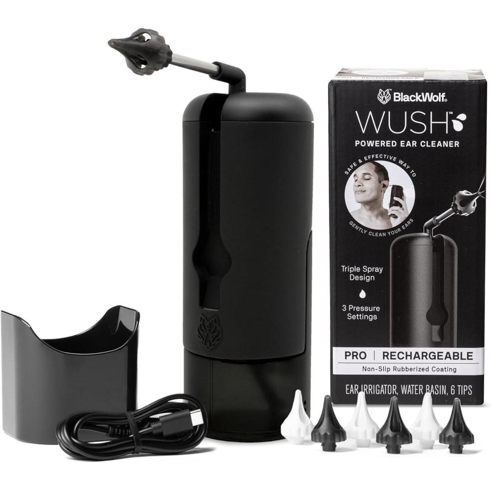 image:imageWush Pro By Black Wolf Deluxe Water Powered Ear Cleaner Safe amp Effective Electric Triple Jet Stream 3 Pressure Settings For Ear Wax Buildup Ear Wax Removal Kit Water Resistant USB RechargeableBlack