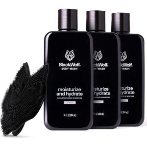 Black Wolf 3-Pack Moisturizing Body Wash & Silicone Body Scrubber Kit for Men – Mens Hydrating Bodywash for Dry, Dehydrated, & Sensitive Skin – Men’s Shower & Bathroom Essentials Gift Set(Moisturizing)