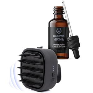 Black Wolf Sonic Scalp Scrubber – Electric Hair & Scalp Massager Brush with 3-Speed Oscillation – Rechargeable Shower Brush & Head Scrubber with Soft Silicone Bristles for Deep Clean & Exfoliation(Black Sonic Scalp + Argan Oil)