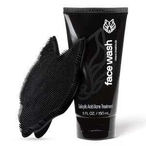 Black Wolf Salicylic Acid Acne Face Wash for Men – Charcoal Facial Cleanser & Exfoliator for Oily Skin – Gentle Daily Face Exfoliant & Pore Reducer Clears Breakouts – Non-Drying Acne Treatment(Face Wash + Silicone Scrubber)