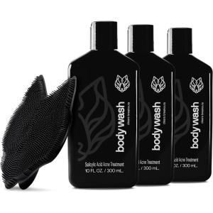 Black Wolf Skincare with Scrubber Gift Set for Men, Body Acne System – Shower Set with 10 Fl Oz, 3 Pack Charcoal Powder & Salicylic Acid for All Skin Types – Rich Lather for Coverage & Deep Clean