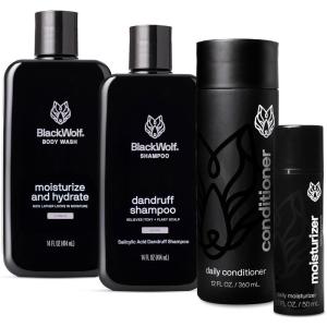 Black Wolf Shower Bundle for Hair and Body – Includes Daily Shampoo & Conditioner Set, Charcoal Body Wash & Salicylic Acid Acne Face Wash – Gift Set(Dry Skin Bundle)
