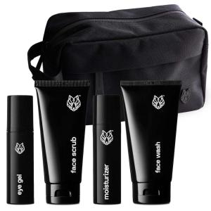 Black Wolf 5-Piece Facial Skincare Shower Gift Set for All Skin Types – Face Wash, Face Scrub, Moisturizer, Eye Gel, & Toiletry Bag – Charcoal Powder & Salicylic Acid for Skin Cleansing Mens Bath Set